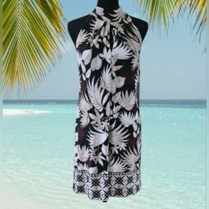 NWT Calvin Klein Tropical Print Halter Shift Mini Dress Stretch Jersey Knit